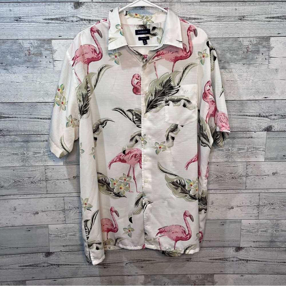 croft & barrow White Flamingo Print Short Sleeve Button-Down Shirt